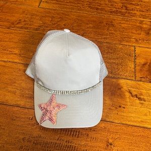Adorable grey hat with strip of double rhinestones and pink sequined star.